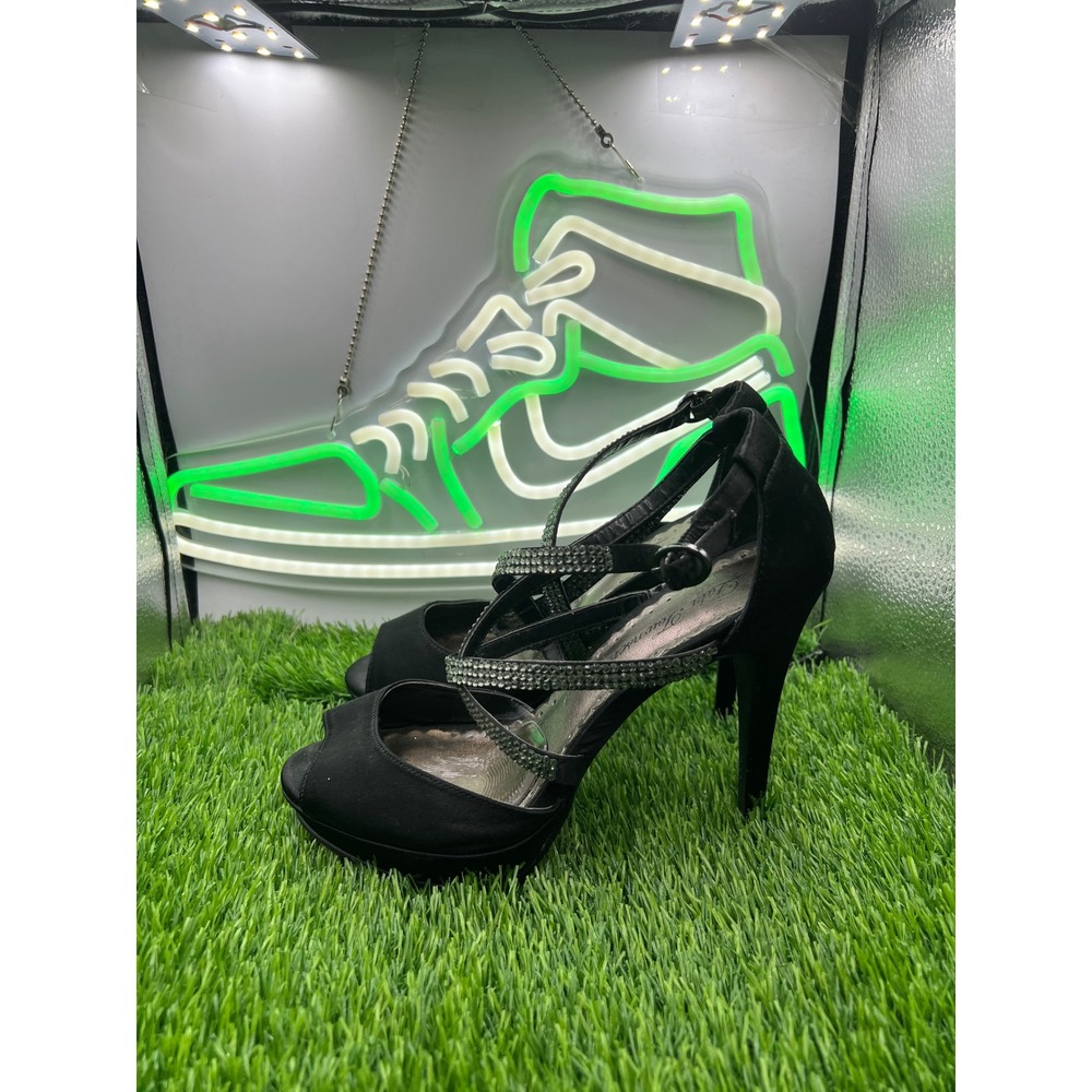 Lulu Townsend Womens Black Satin Rhinestone Peep Toe Platform Stiletto Heel 6.5M